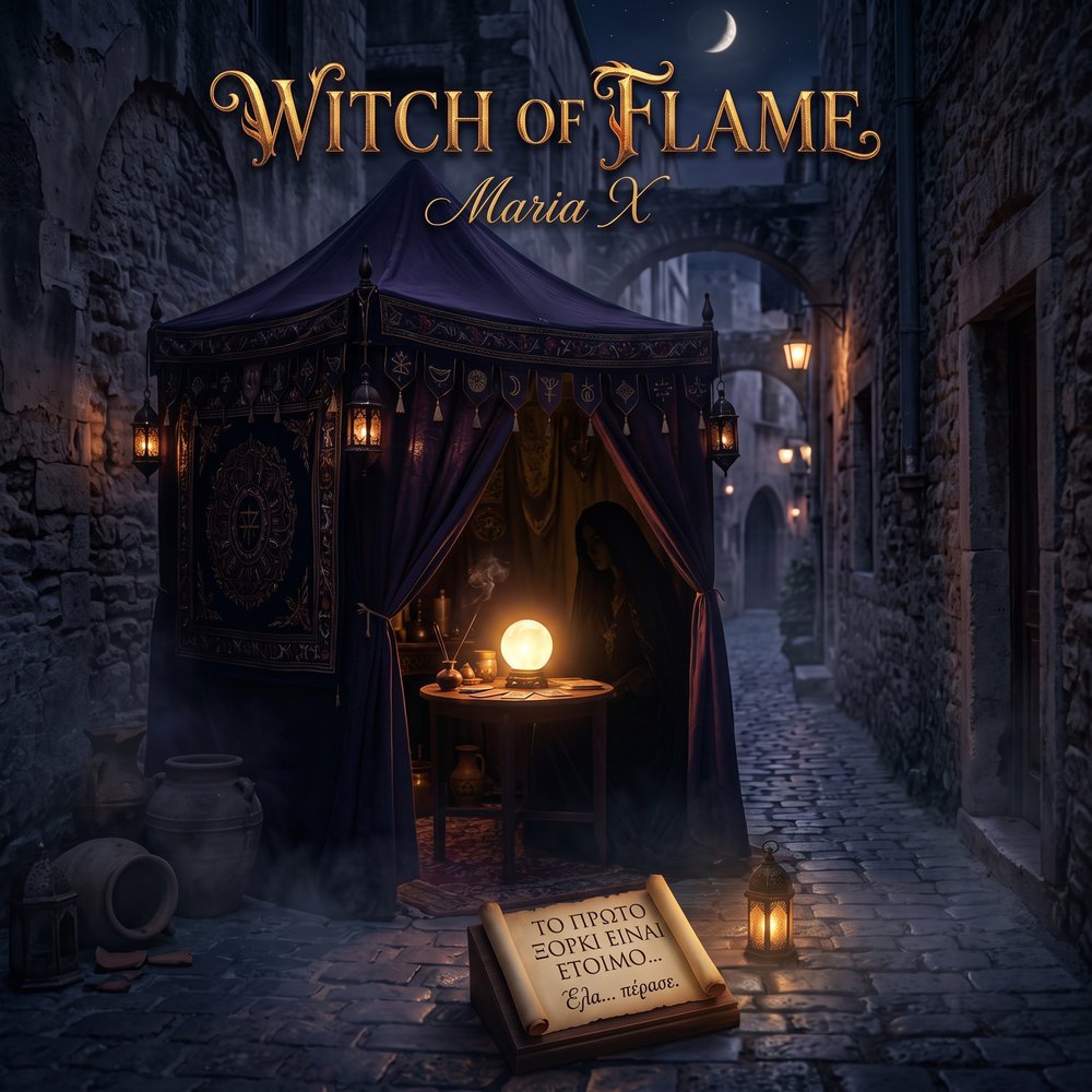 Εξώφυλλο single «Witch of Flame» — Maria X, μια μάγισσα-χαρτορίχτρα σε τσαντίρι, παλιά ελληνική αγορά τη νύχτα